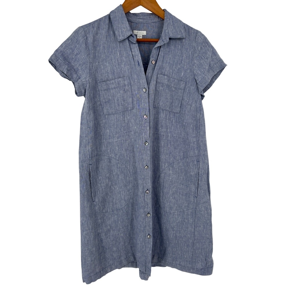 J. Jill‎ Love Linen Shirt Dress Button Front Collar Pockets Blue XS Short Sleeve